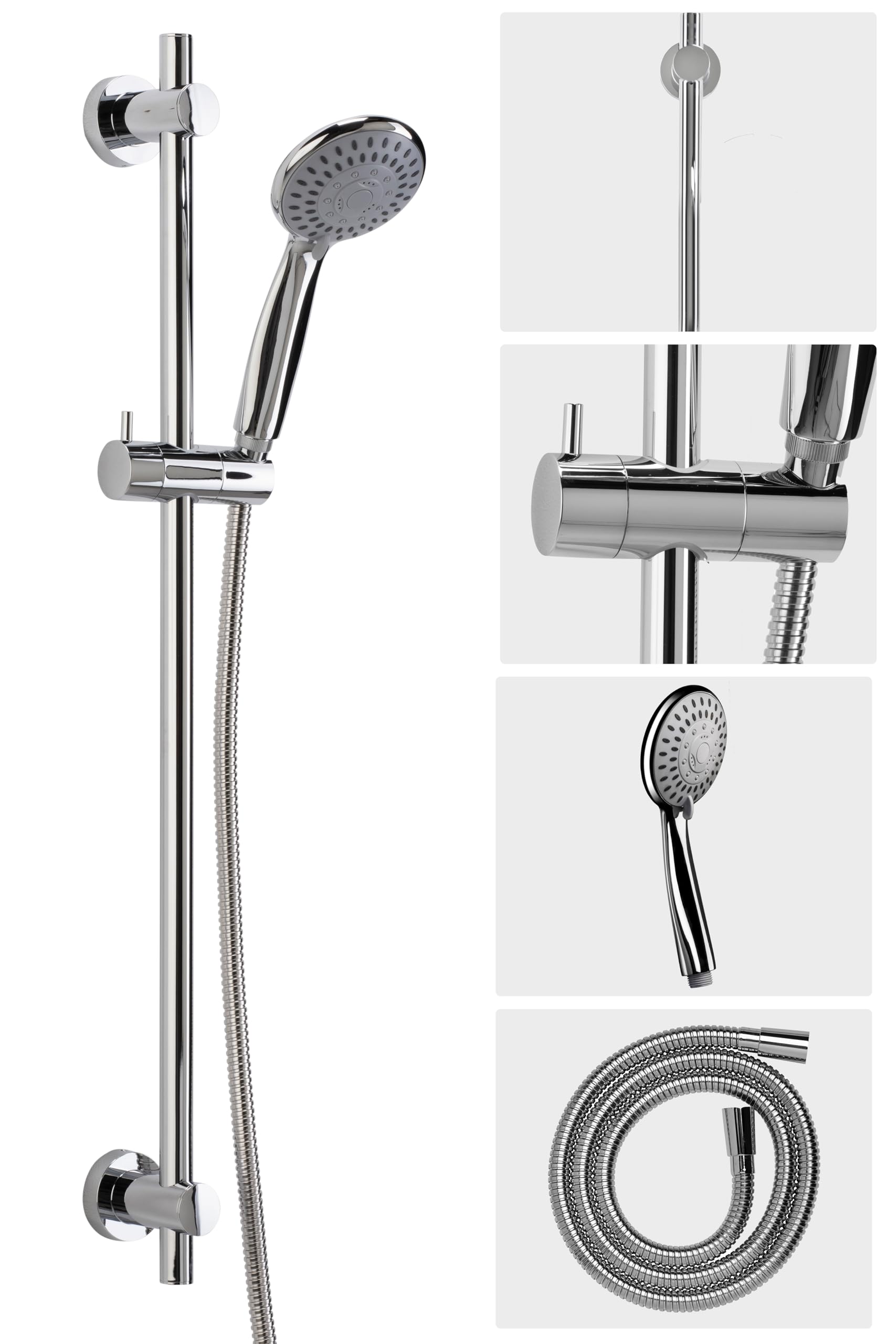 Croydex Flexi-Fix Chrome Shower Riser Rail Kit - Shower Handset with 5 Spray Patterns and Rub Clean Nozzles, Adjustable 800mm Rail, Reinforced 1500mm Shower Hose, Universal Holder, Water Saving