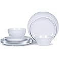 Melamine Dinnerware Set - 12pcs Plates and Bowls Set for 4, Indoor and Outdoor Use, Dishwasher Safe, Lightweight,White