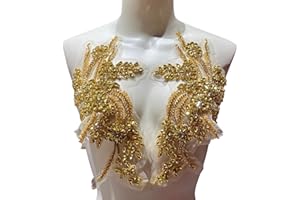 JRYYR 1 Pair of Handmade Rhinestone Appliques,26.5 * 18cm Gold Applique for Dress Wedding,Banquet Evening Gown,Photograph Shot Sewing Rhinestone Patches(Gold)