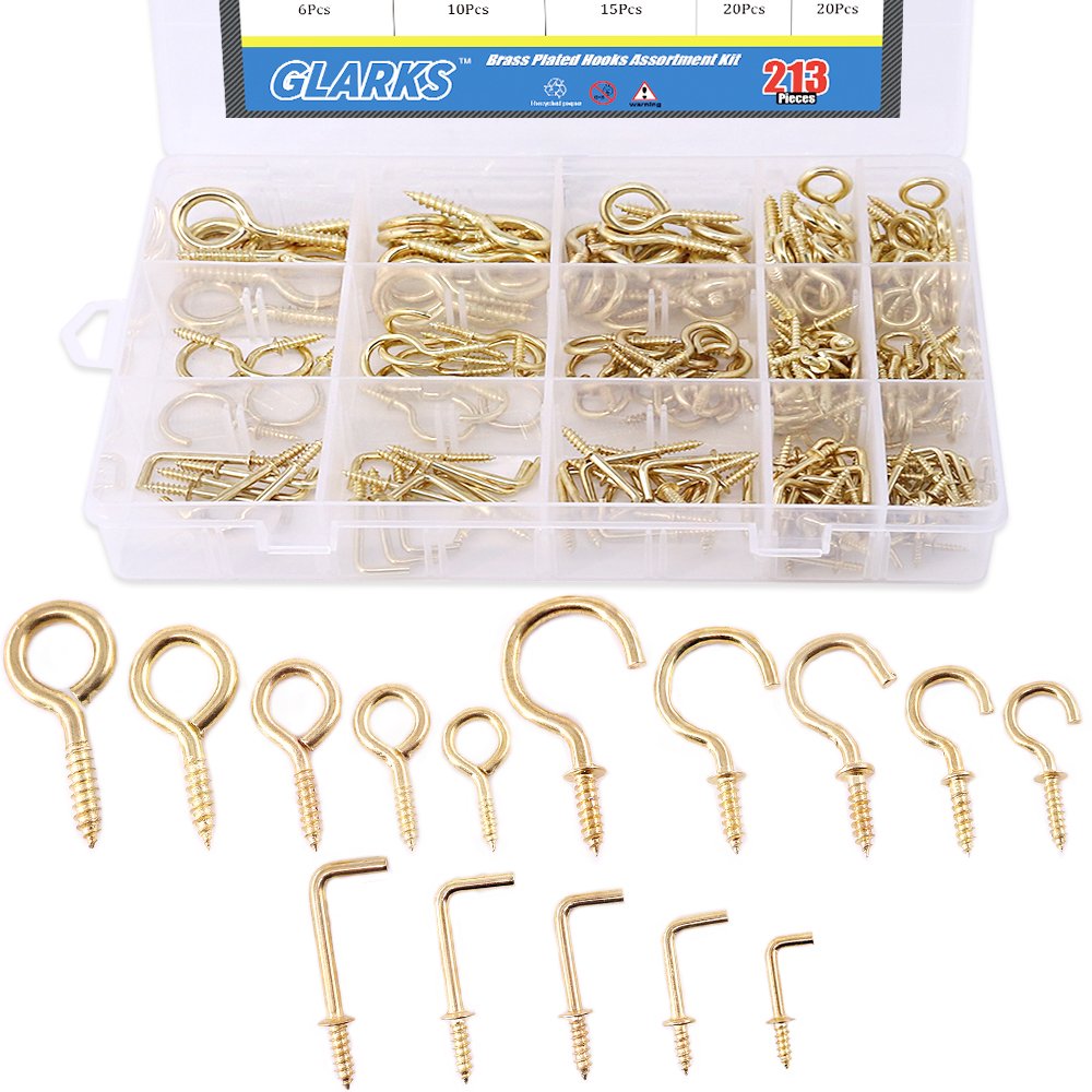 GLARKS 213-Pieces Brass Plated Screw Eyes & Screw-in Ceiling Cups Hooks & Square Bend Hooks Assortment Set Kit for Hanging