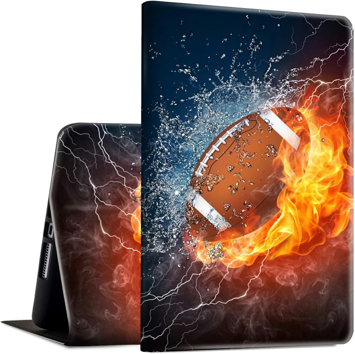 iPad 9.7 2018/2017 Case,iPad Air 2/iPad Air Case, Rossy PU Leather Folio Smart Cover Shock Case with Adjustable Stand & Auto Wake/Sleep Feature for Apple iPad 6th/5th Gen,Football in Fire and Water