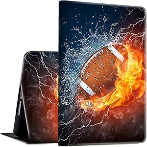 iPad 9.7 2018/2017 Case,iPad Air 2/iPad Air Case, Rossy PU Leather Folio Smart Cover Shock Case with Adjustable Stand & Auto Wake/Sleep Feature for Apple iPad 6th/5th Gen,Football in Fire and Water