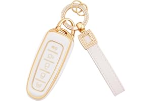 EKALA for Ford Key Fob Cover with Leather Key Fob Keychain, 5 Buttons Soft TPU Keys Shells White Key Fob Cover Compatible with Ford Edge Focus Flex Explorer Taurus Lincoln MKS MKT MKX(P-Frd-5L)