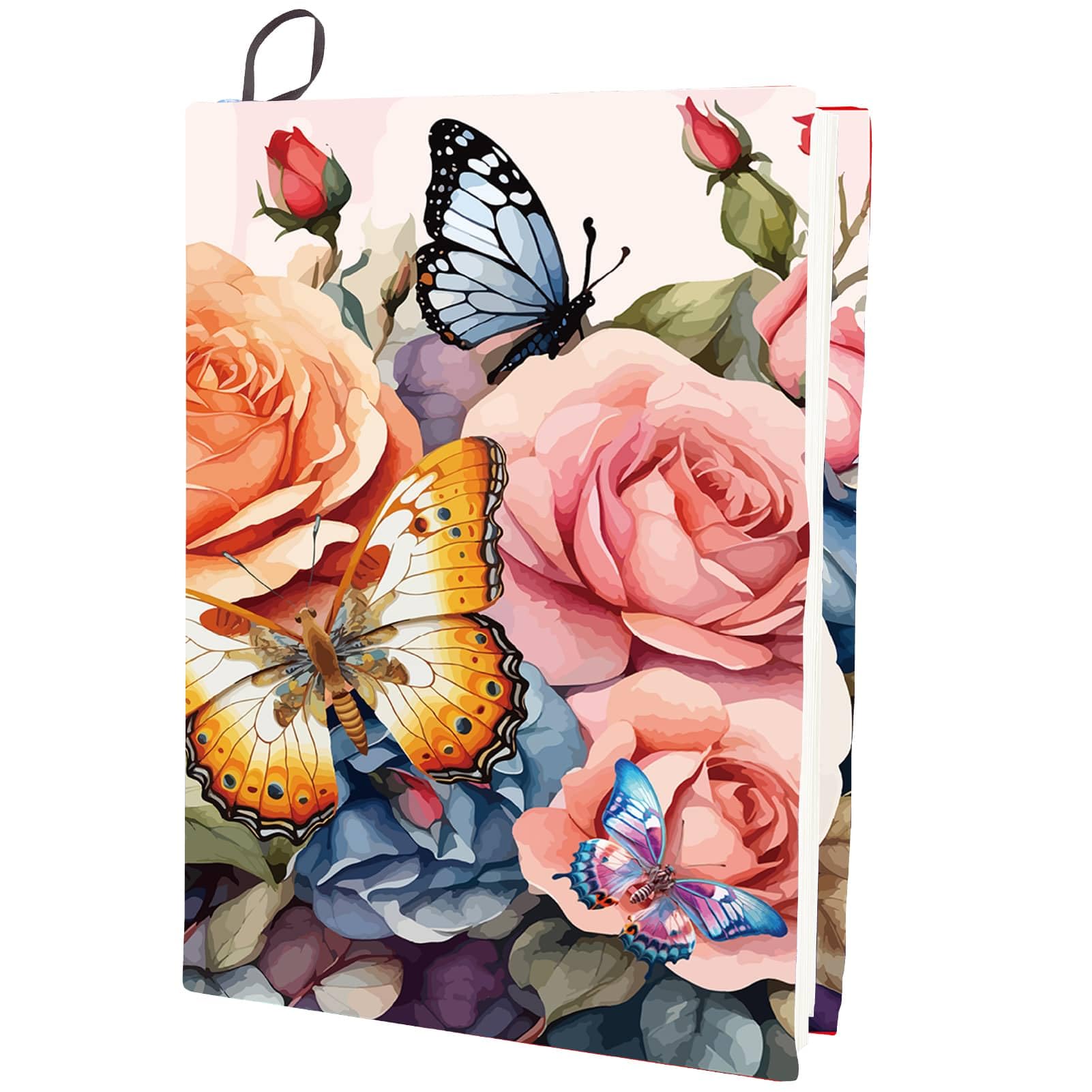 CRASPIRE Rose Stretchable Book Cover Flower Butterfly Washable Reusable Large Nylon Book Protector Elastic Notebook Wraps Suitable for Most Hardcover Books Classroom Students