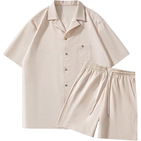 VIPWOLF Men's 2 Piece Summer Outfit - Short Sleeve Button Down Shirt & Drawstring Shorts Matching Set
