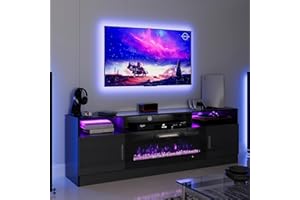 oneinmil 70" Fireplace TV Stand for TVs Up to 80", Electric Fireplace Entertainment Center with LED Lights & Storage Cabinets, Media Console Table for Living Room, Black