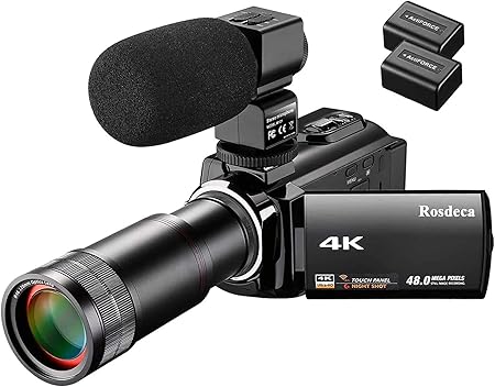 Amazon ビデオカメラ Rosdeca デジタルビデオカメラ 4k 4800万画素 16倍デジタルズーム 8倍スーパーズーム Ir赤外線暗視機能 270度回転画面 望遠レンズ装着可能 3 0インチタッチパネル 予備バッテリー付属 外付けマイク カメラポーチ 日本語取扱説明書 ビデオカメラ 通販