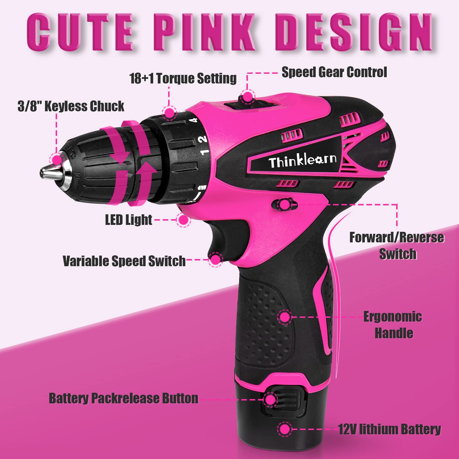 ThinkLearn Pink Drill Set for Women, 137 Piece Hand and Power Tool Set with 12V Cordless Drill, Home Tool Kit for DIY, Necessities for Daily Decoration and Maintenance, As a Creative Gift for Ladies