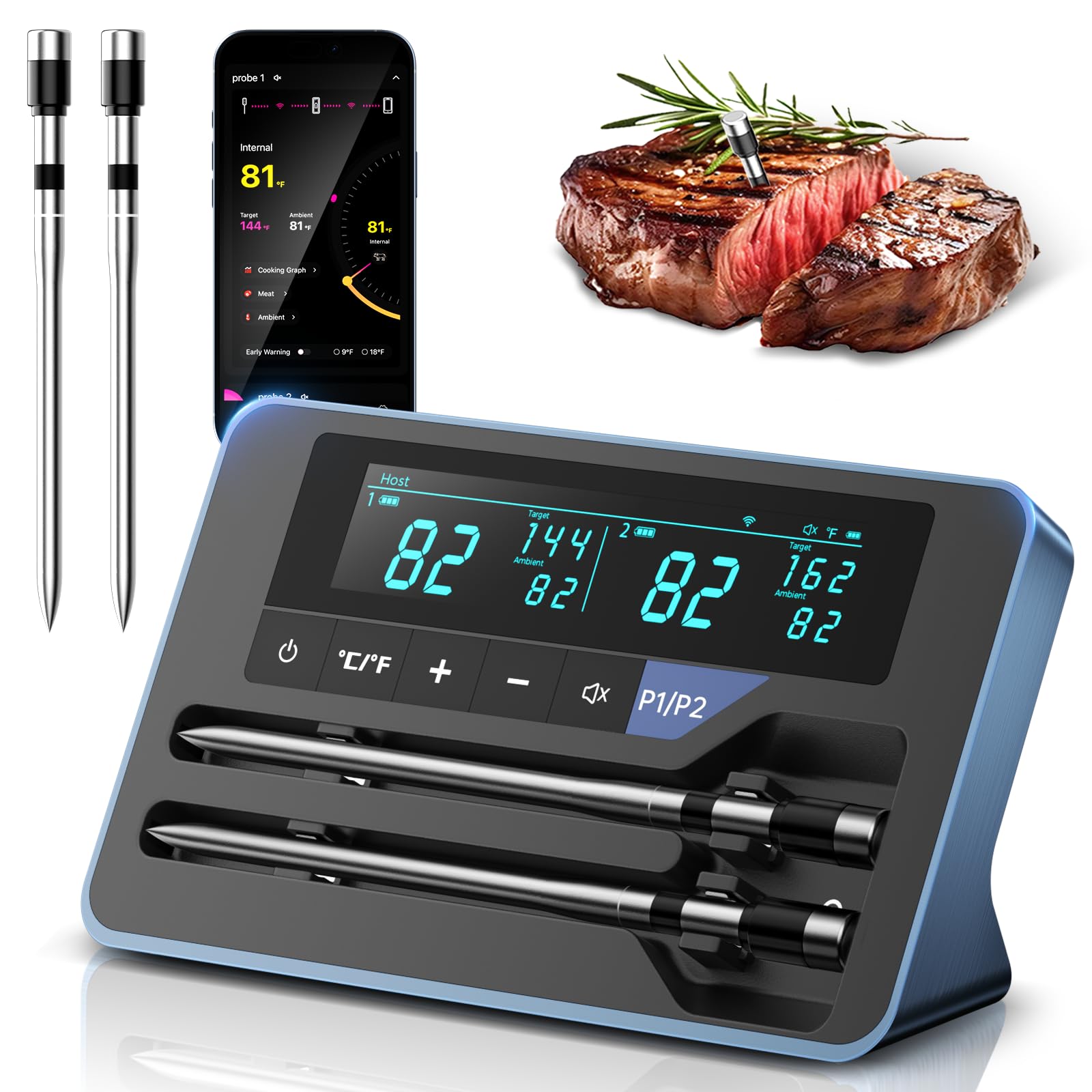 Photo 1 of **** MISSING CHARGER *** Alfolive 2025 AI Wireless Meat Thermometer, Smart Bluetooth Meat Thermometer Digital, ±0.5°F High Accuracy, Grill Temperature Probe for BBQ, Grilling, Smoker, Oven, Cooking, Air Fryer, 2 Probes