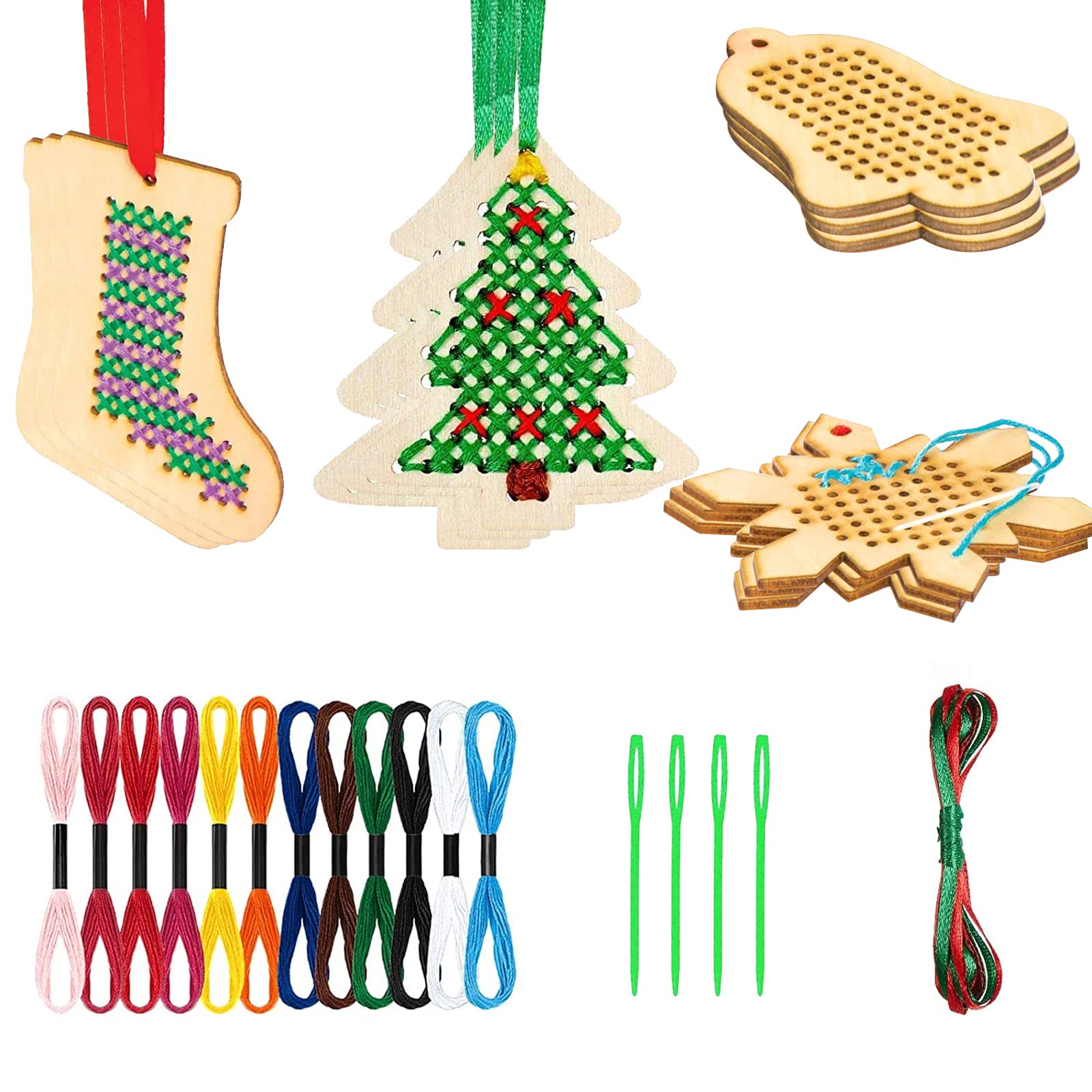 Wooden Christmas Decorations,12PCS Stocking/Snowflake/Bell Shape Christmas Wooden Cross Stitch Kits,Christmas Tree Hanging Ornaments Handmade Christmas Crafts for Christmas Tree Decoration Supplies