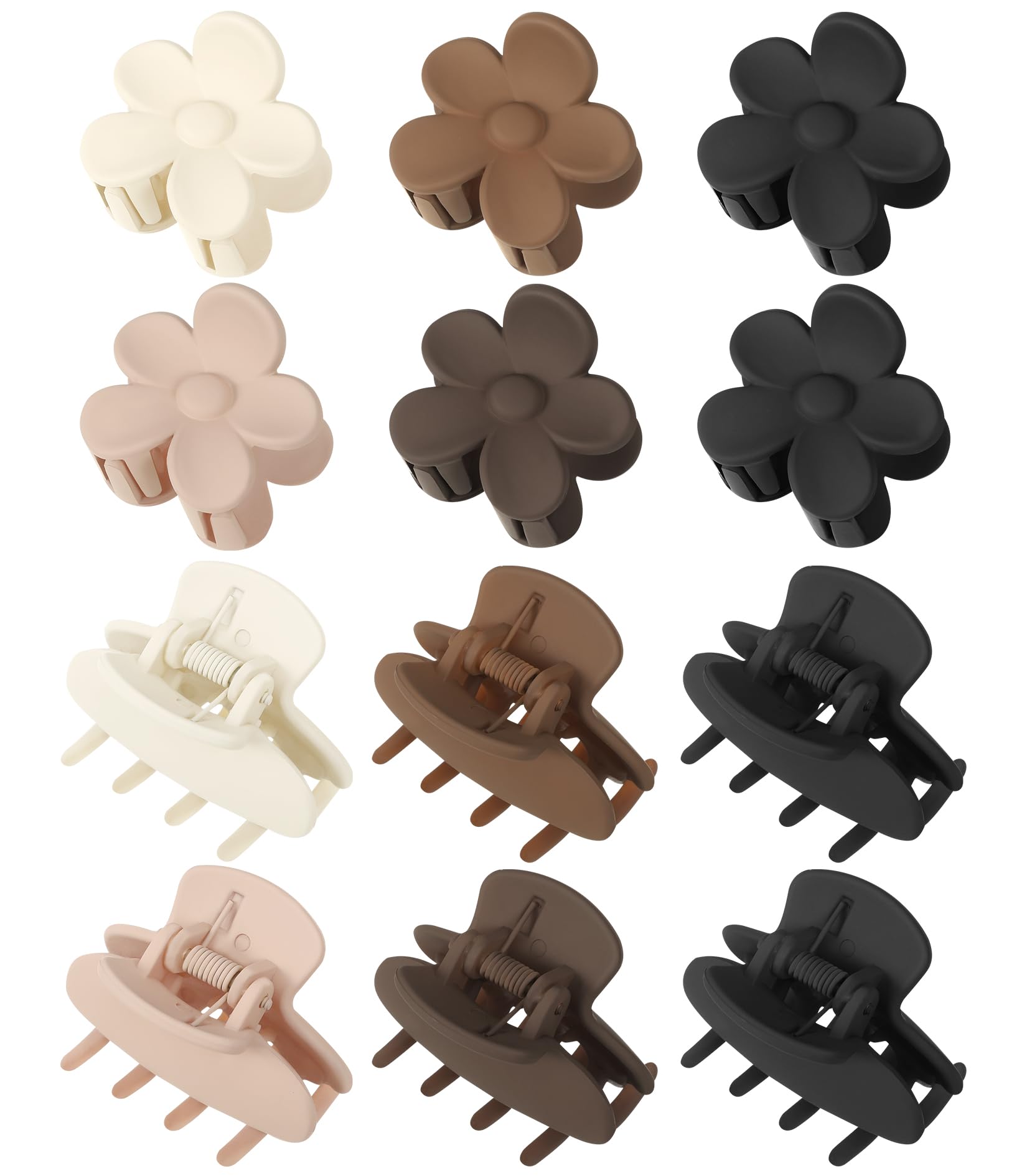 Kajeer 12 Pcs Small Flower & Rectangle Hair Claw Clips for Women - Matte Non-Slip Cute Claw Clips for Fine to Thick Hair, Strong Hold, White, Brown, Black