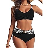 Hanna Nikole Womens High Waisted Bikini Sets, Textured Tummy Control Swimsuit, 2 Piece Twist Color Block Bathing Suits