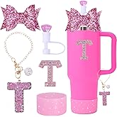 Liangang Stanley Cup Accessories Set - 5pcs, Including Letter Charm, Diamond Straw, Bow Straw, Sparkly Silicone Boot for 30oz & 40oz Cups