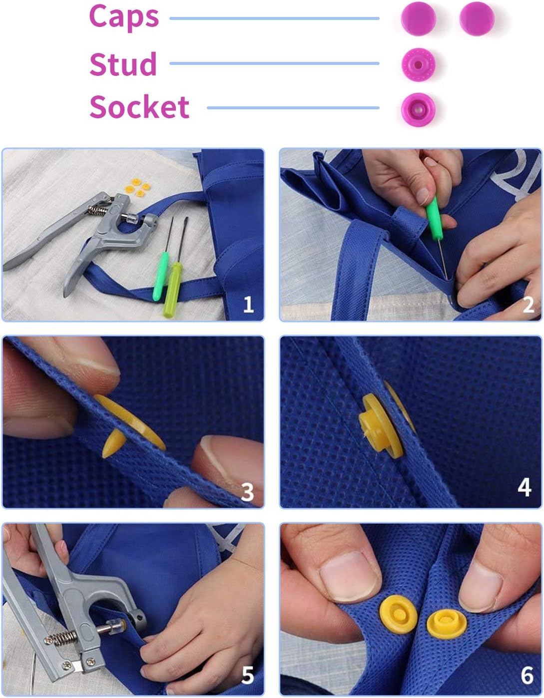 MSDADA Snaps Buttons Snap Pliers, 400 Sets 24-Colors T5 Plastic Buttons, No-Sew Starter Fasteners Kit for Sewing, Crafting, Clothing and Baby Diaper Bibs