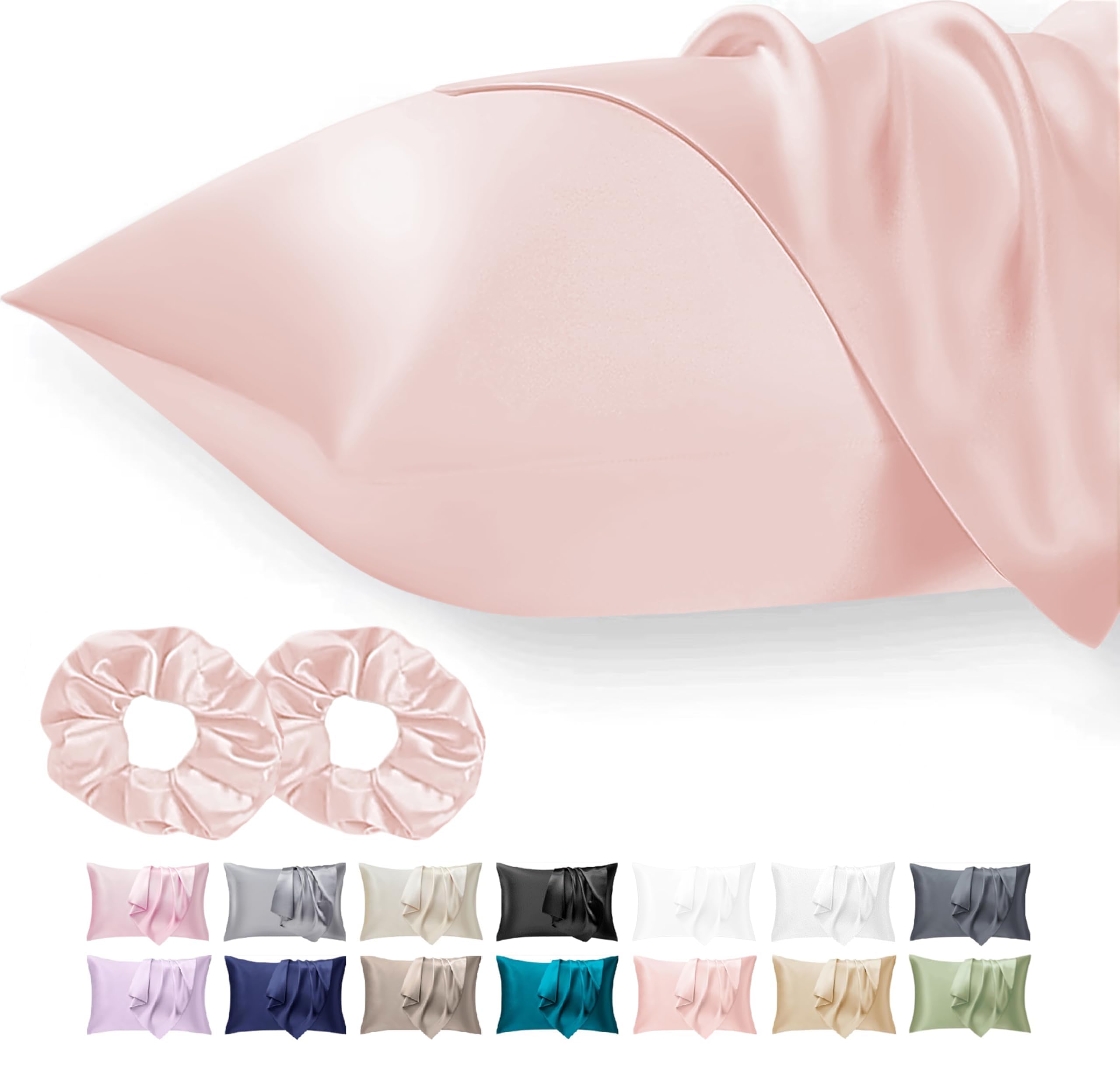 Seiwohl Satin Silk Pillowcases for Hair and Skin Coral Pillow cases 2 Pack with Hair Silk Scrunchies for women, Cooling Pillow cases with Envelope Closure, Standard Size 50x75 cm