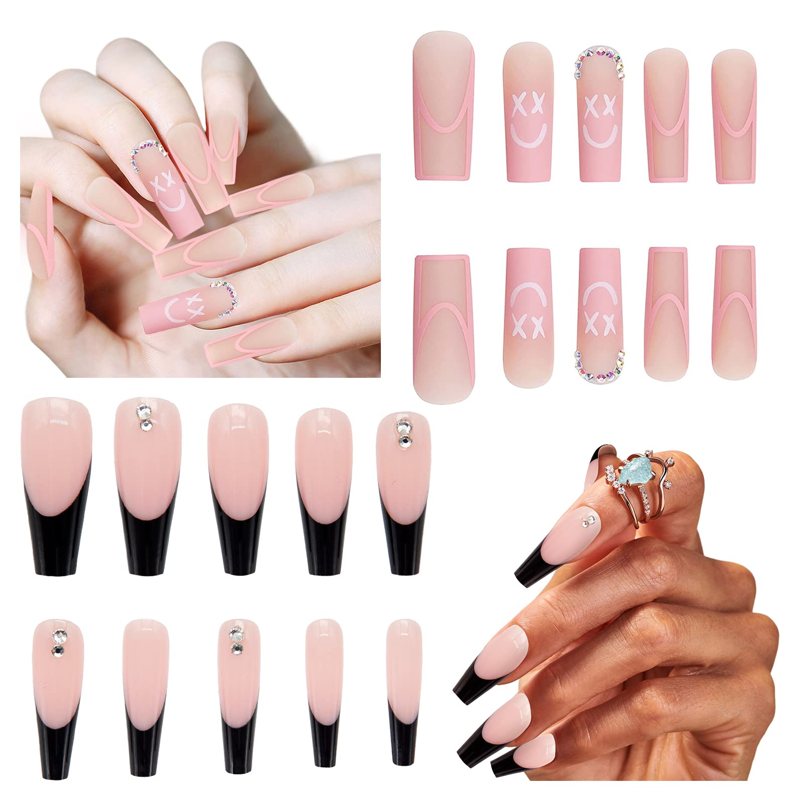 Photo 1 of Black and Pink French Tip Press On Nails, Long Press on Nails Long Coffin Fake Nails Square Coffin French Fake Nails Full Cover for Women 48Pcs