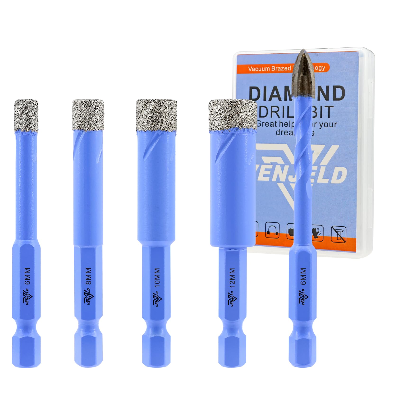 Dry Diamond Drill Bits Set - 6/8/10/12mm 4Pcs Tile Hole Saw Kit and 1Pc 6mm Carbide Drill Bit for Ceramic Porcelain Tile Marble Granite - Quick Change Hex Shank with Storage Case