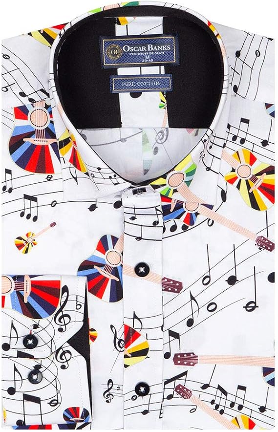Amazon ハッピーな気分で着ていただきたい長袖シャツです ギター 音符柄シャツ 6856 Guitar Note Oscar Banks プリントデザインシャツ お洒落メンズシャツ ドレス カジュアルシャツ Makromマクロム シャツ 通販