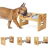 Elevated Dog Bowls, Adjustable Raised Tilted French Bulldog Food Water Bowl, Slanted Bamboo Pet Feeding Station with Stainless Steel Bowl for Small & Medium Dogs, Cat Kitten Flat Faced Puppy Feeder
