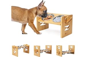 SSAWCASA Elevated Dog Bowls, Adjustable Raised Tilted French Bulldog Food Water Bowl, Slanted Bamboo Pet Feeding Station with Stainless Steel Bowl for Small & Medium Dogs, Cat Kitten Flat Faced Puppy Feeder