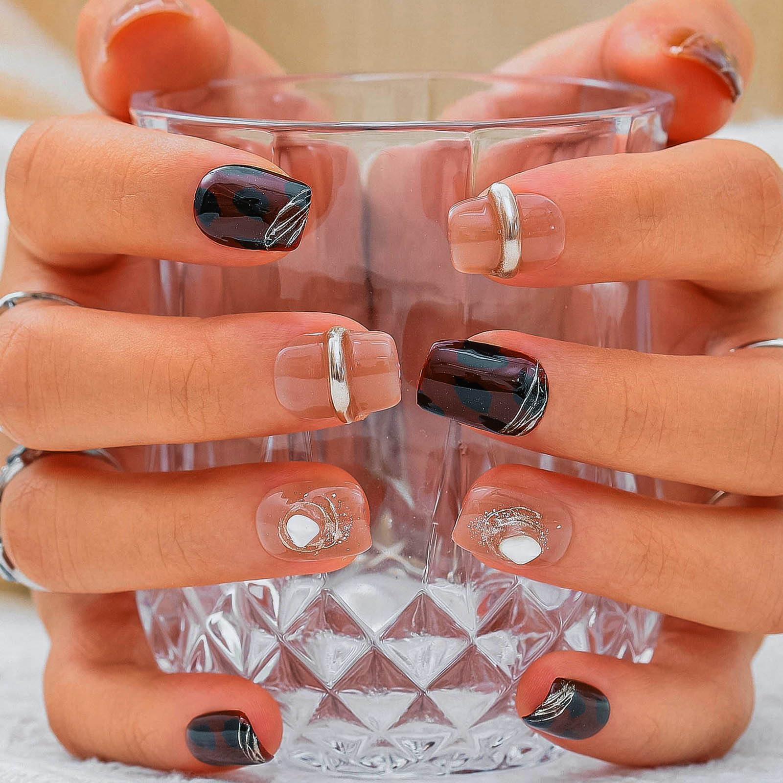 Sethexy Medium Long Coffin Handmade False Nails - Leopard Print, Gold Line, Winner Press on Nails Women Salon Stick on Nails 10PCS