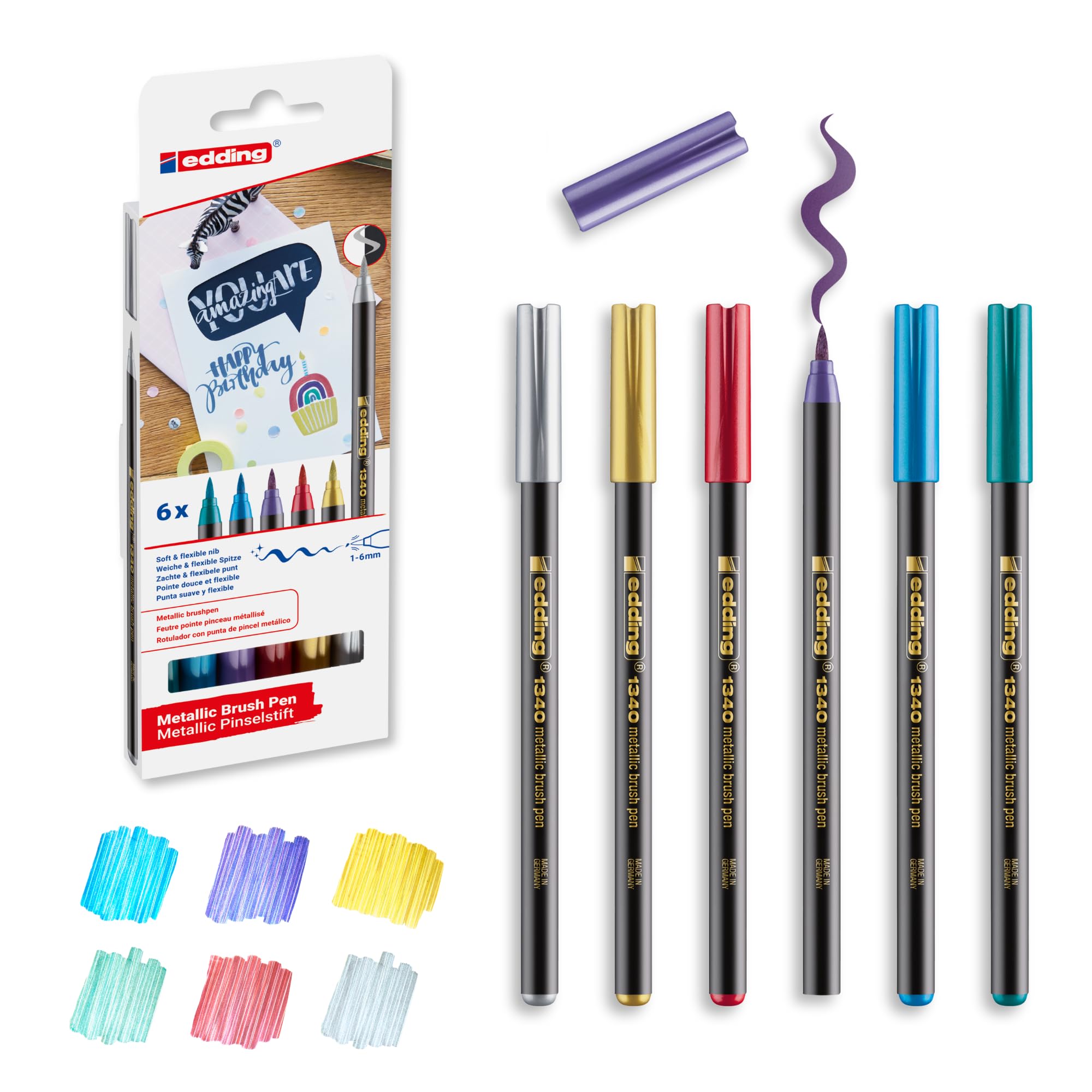 edding 1340 metallic brush pen - set of 6 pens - flexible brush nib 1-6 mm - glitter metallic marker for lettering, drawing and sketching - high opcaity even on darker paper