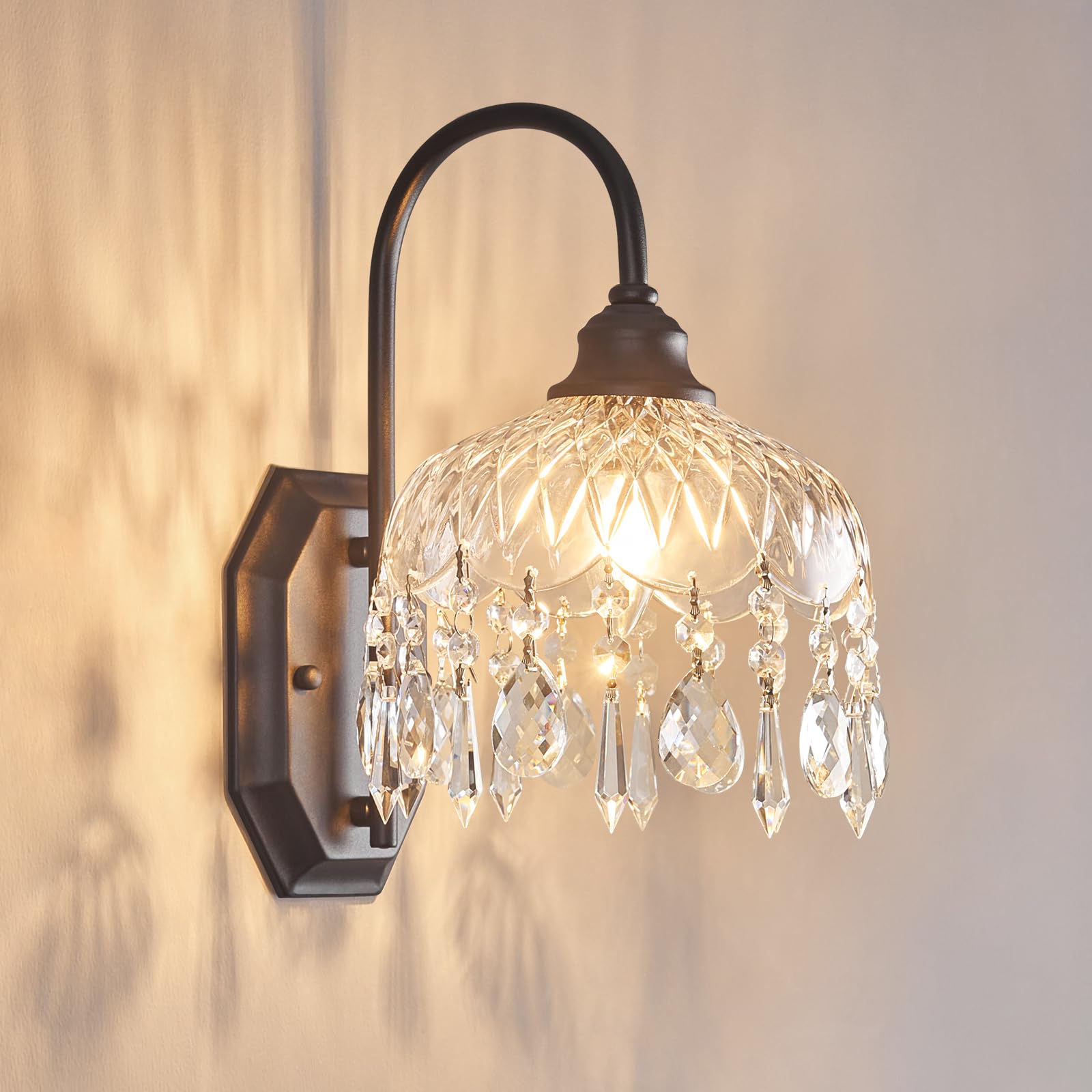 Photo 1 of JXJYHL 1-Pack Vintage Wall Sconce,Glass Crystal Wall Sconce,Matte Brushed Antique Black Finish for Bedroom Bathroom Hallway Living Room Decor