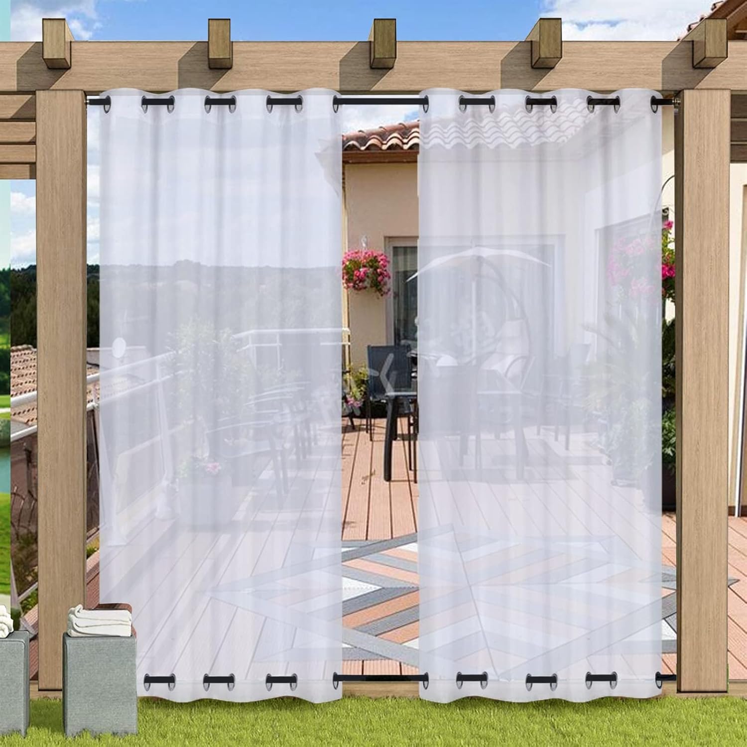 Outdoor Curtains - Heavyoff Outdoor Curtain for Patio, White Linen Look Semi-Sheer Curtains Waterproof Gazebo Curtains Top & Bottom Grommet for Pergola Balcony Pool Indoor 2 Panels, W52 x L84