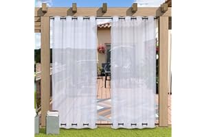 Heavyoff Outdoor Curtain for Patio, White Linen Look Semi-Sheer Curtains Waterproof Gazebo Curtains Top & Bottom Grommet for Pergola Balcony Pool Indoor 2 Panels, W52 x L96