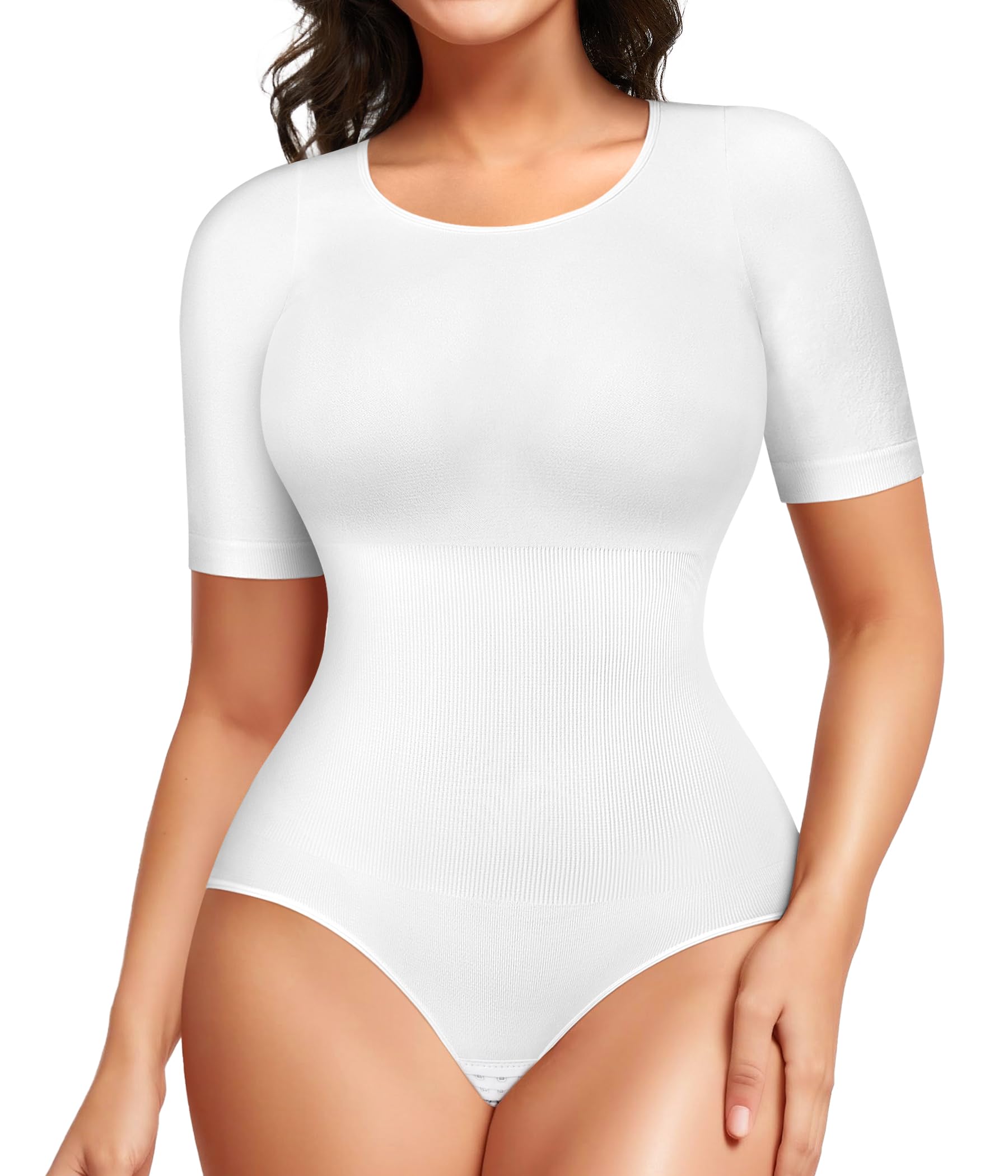 Photo 1 of BRABIC Womens Bodysuit Shapewear for Tummy Control Seamless Sleeveless Tank Tops Body Shaper (Large, White Short Sleeve)
