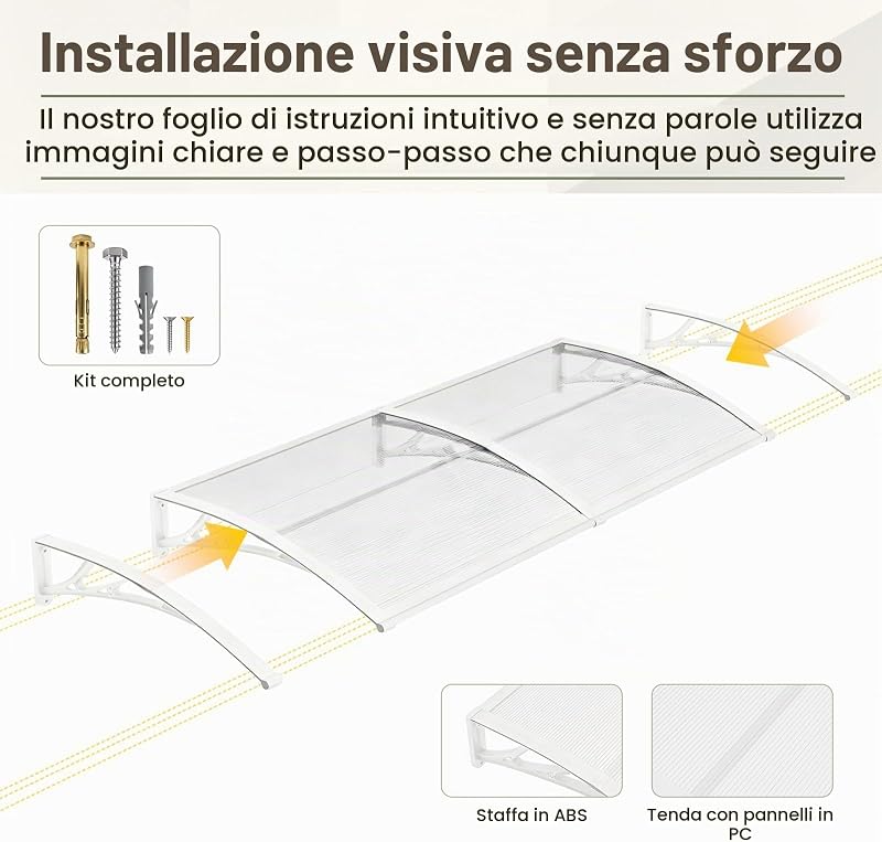 Pensilina da Esterno 100 x 300 cm – Tettoia per Porta d’Ingresso in Policarbonato con Staffe in ABS, Protezione da Pioggia, Neve e Raggi UV per Porta, Finestra e Terrazza