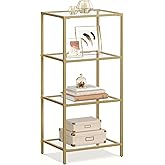 VASAGLE Bookcase, 4-Tier Bookshelf, Slim Shelving Unit for Bedroom, Bathroom, Home Office, Tempered Glass, Steel Frame, Metallic Gold ULGT28G