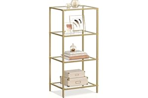VASAGLE Bookcase, 4-Tier Bookshelf, Slim Shelving Unit for Bedroom, Bathroom, Home Office, Tempered Glass, Steel Frame, Metallic Gold ULGT28G