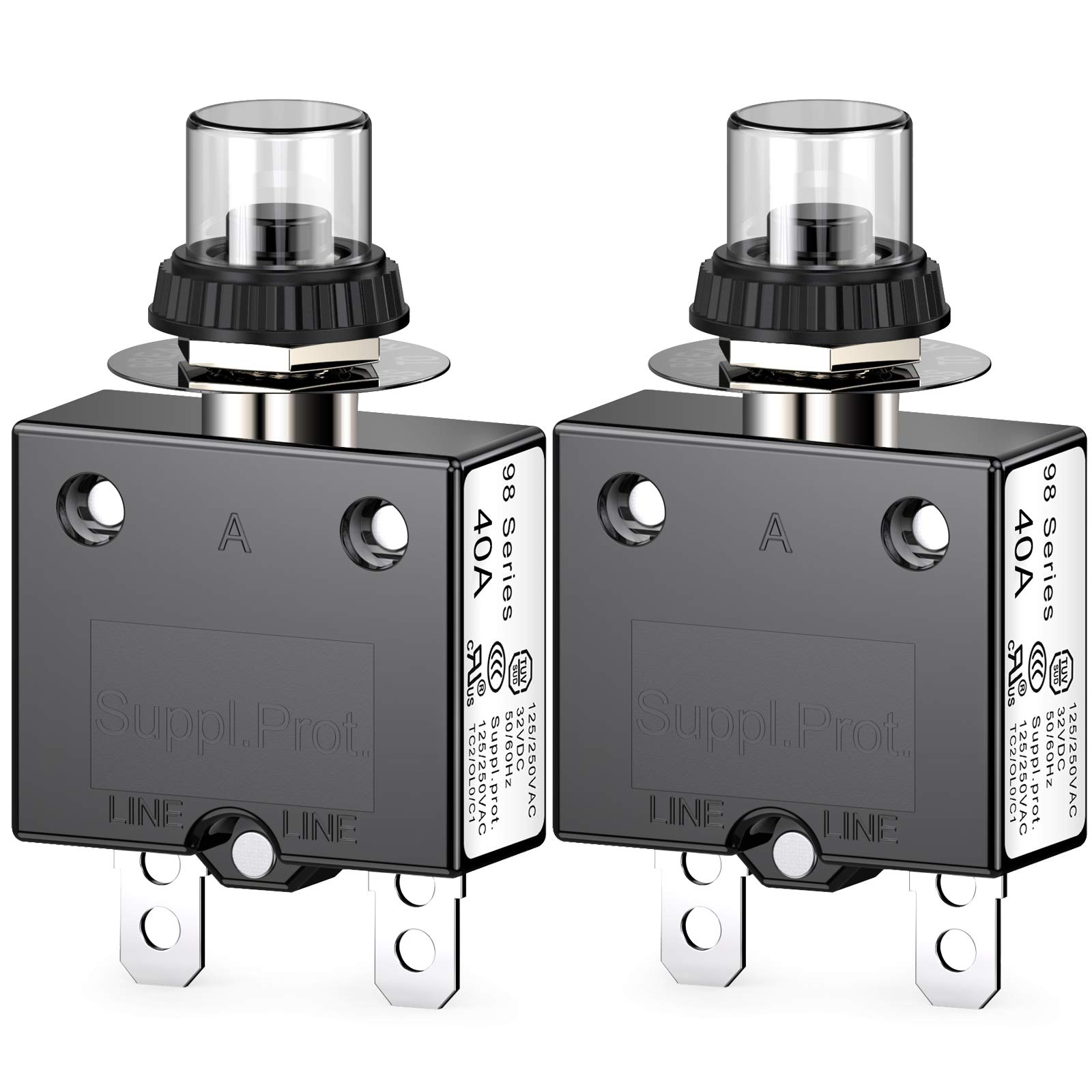 CLDIY Thermal Circuit Breaker 98 Series 40A 125/250VAC Push Button Reset for Circuit Breaker with Quick Connect Terminals and Waterproof Button Cover 32VDC Pack of 2