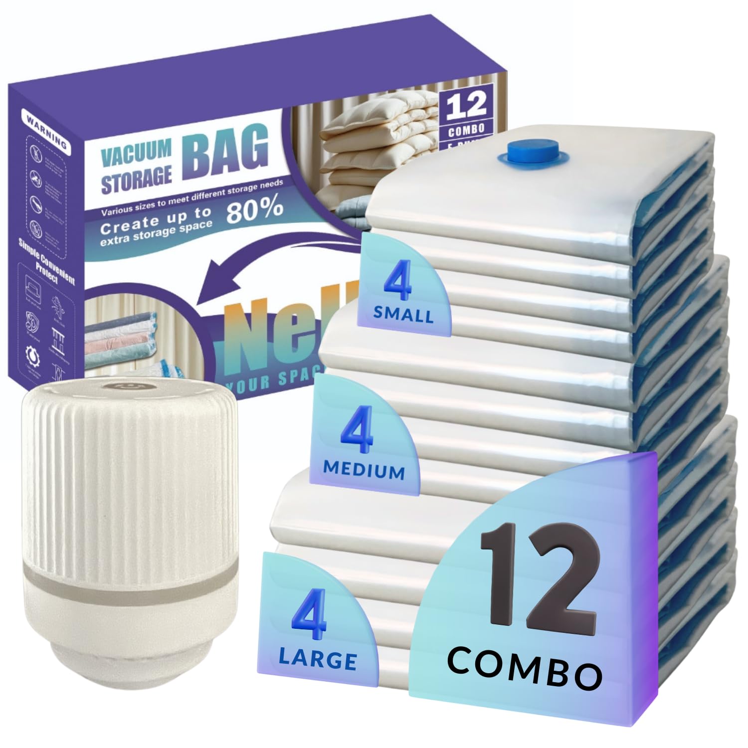 Photo 1 of 12 Pack Vacuum Storage Bags with Electric Pump, Compression Space Saver for Comforters, Bedding, Blanket Storage, Vacuum Seal Bags for Clothing, Luggage and Closet Organizer,