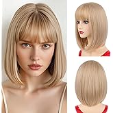 NOTICEME Blonde Bob Wig with Bangs, Short Bob Colorful Wigs Straight Costume Blonde Wig for Women Cosplay Party Daily Neon Wig 14 Inch
