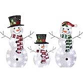 3-Piece 2D Lighted Christmas Snowman Family Set - HOYECHI Outdoor Yard Light Up Snowman Holiday Decoration with 80 LED Lights, Stakes, Zip Ties - White