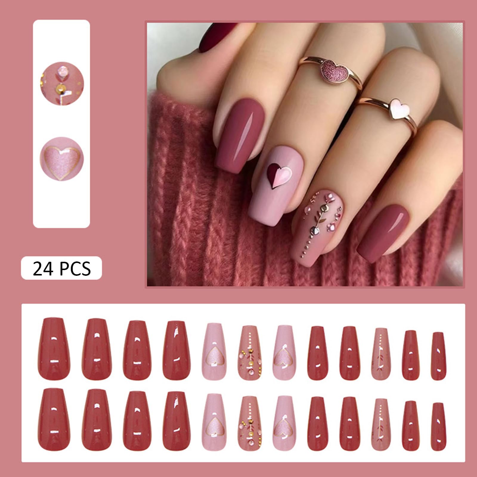 Valentines Press on Nails Medium Coffin Fake Nails Glossy Glue on Nails Pink Heart False Nails with Rhinestones Design Pink Artificial Nails Full Cover Stick on Nails for Coquette Women 24 Pcs - Image 6