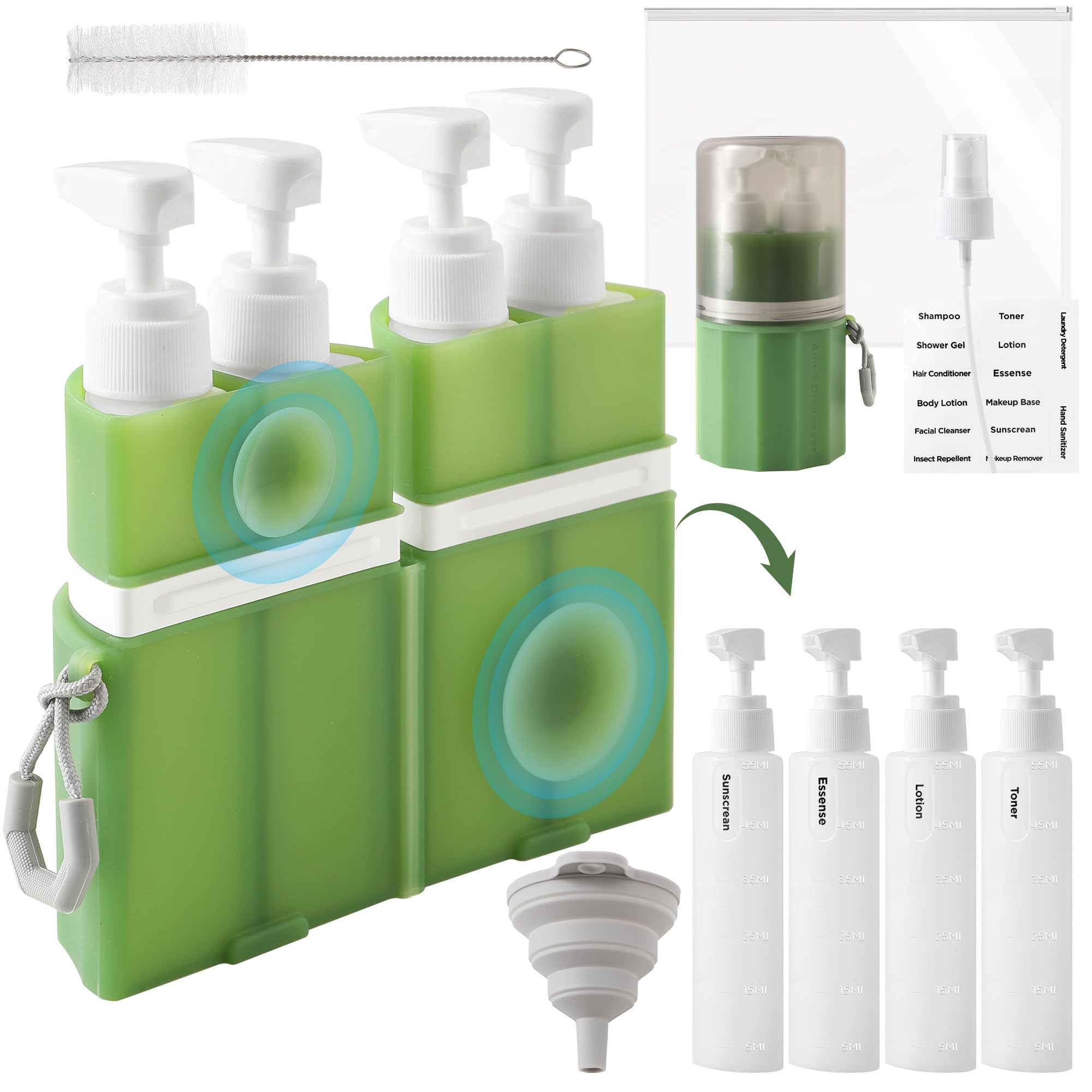 Photo 1 of SESENSE 4-in-1 Travel Bottles for Toiletries, TSA Approved Travel Size Toiletries, Leak Proof Refillable Travel Size Shampoo and Conditioner Sets with Wall-Mountable Suction Cup, Green