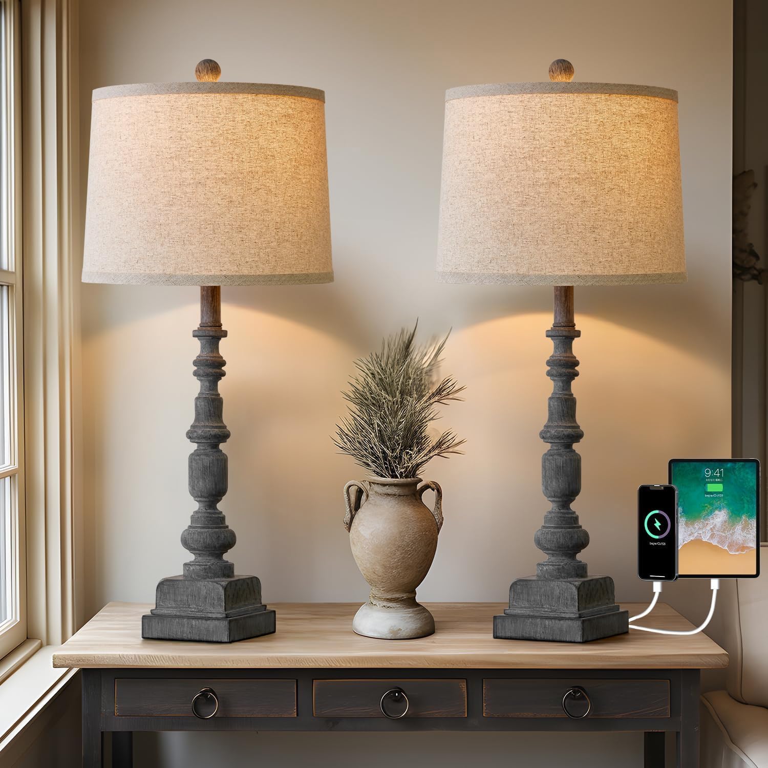 Photo 1 of Oneach 27.75" Vintage Farmhouse USB A+C Table Lamps Set of 2 for Living Room Traditional Bedside Lamps for Bedroom Office Mid Century Table Lamp Antique Grey Accent Rustic Lamps for End Table