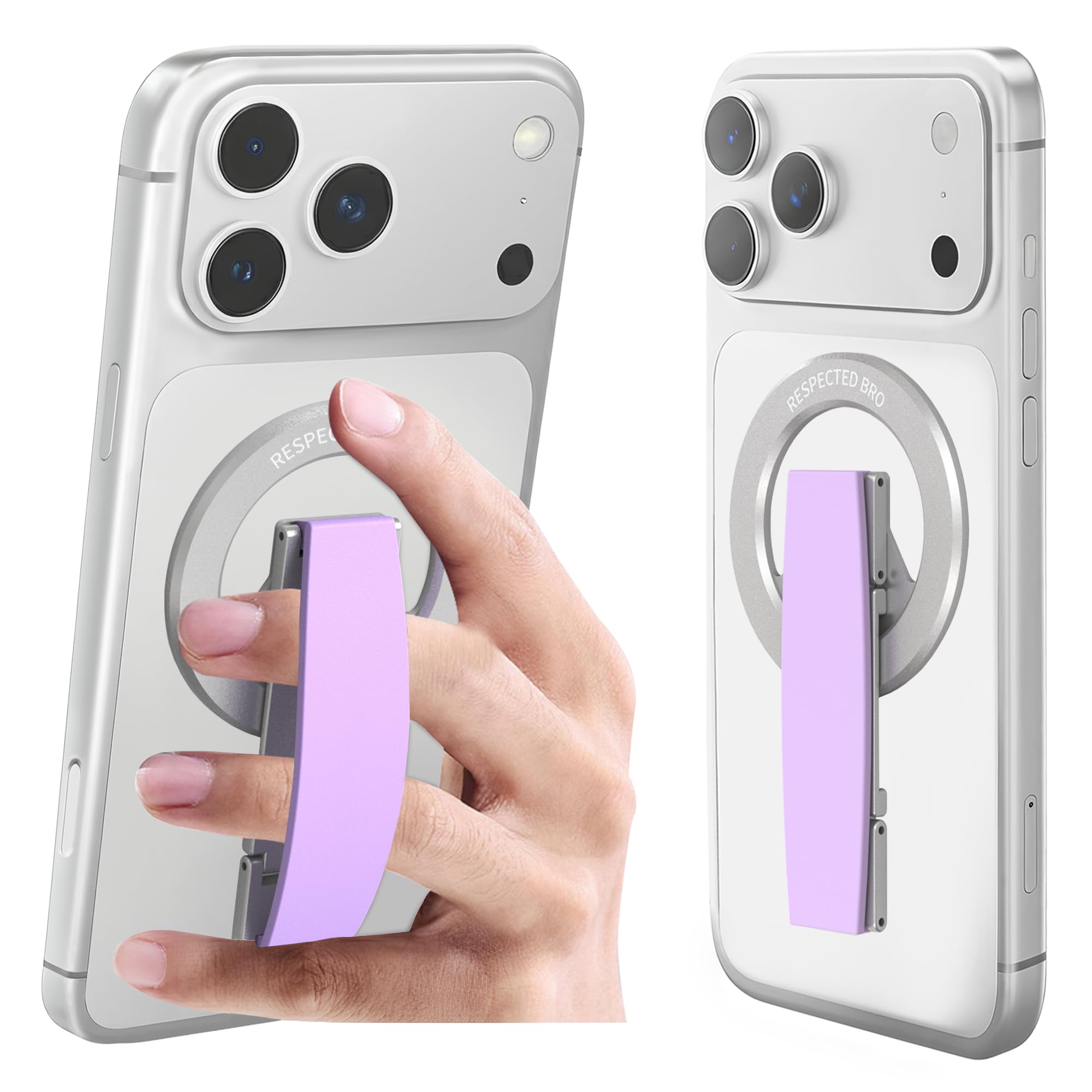 Photo 1 of RESPECTED-BRO-Magnetic-Phone-Grip-Stand, Magnetic Phone Ring Holder Kickstand with Silicone Finger Strap, Compatibility for iPhone 17/16/15/14/13/12, Android, and More (Purple)