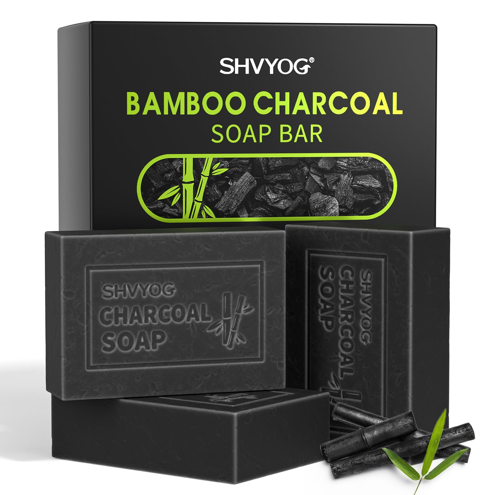 Bamboo Charcoal Soaps, Salicylic Acid Soap Bar, with Exfoliating Particles for Cleansing, AHA Soap for Oil Control, Pore Shrinking, Remove Blackhead Acne for Face and Body, Unisex, 3x100g