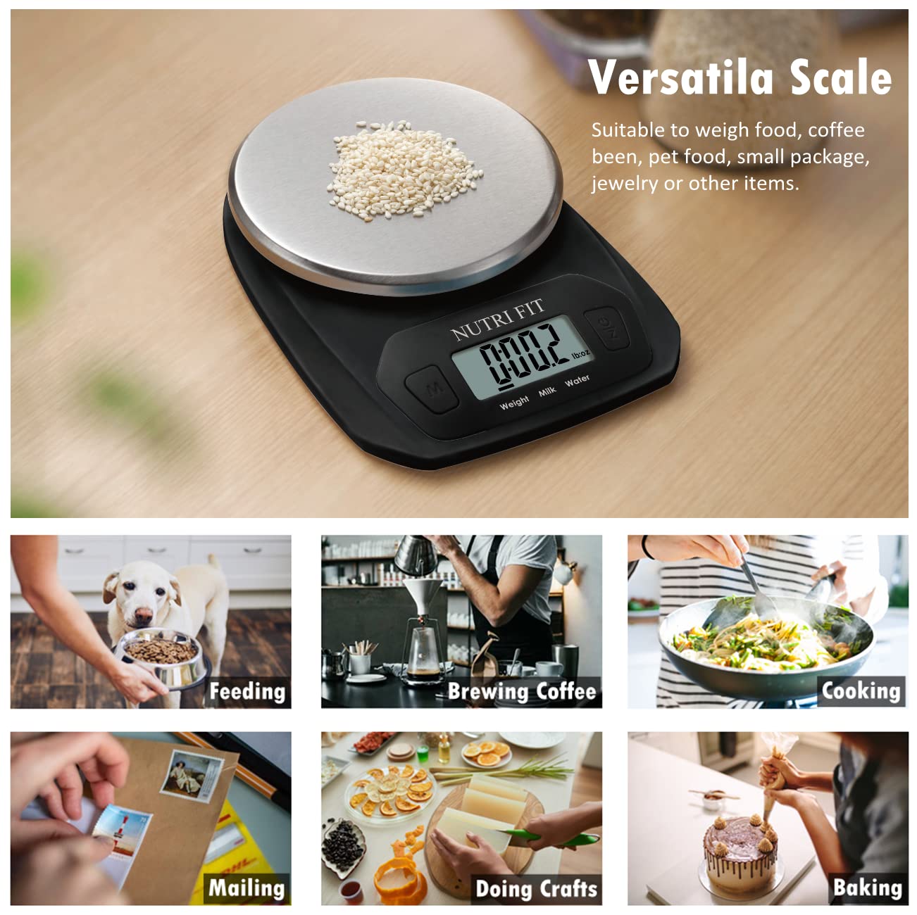 NUTRI FIT Digital Food Scale Small Kitchen Scales Weight in Grams and OZ for Cooking Baking Weight Loss, Stainless Steel Tare & Backlit LCD Display, Black