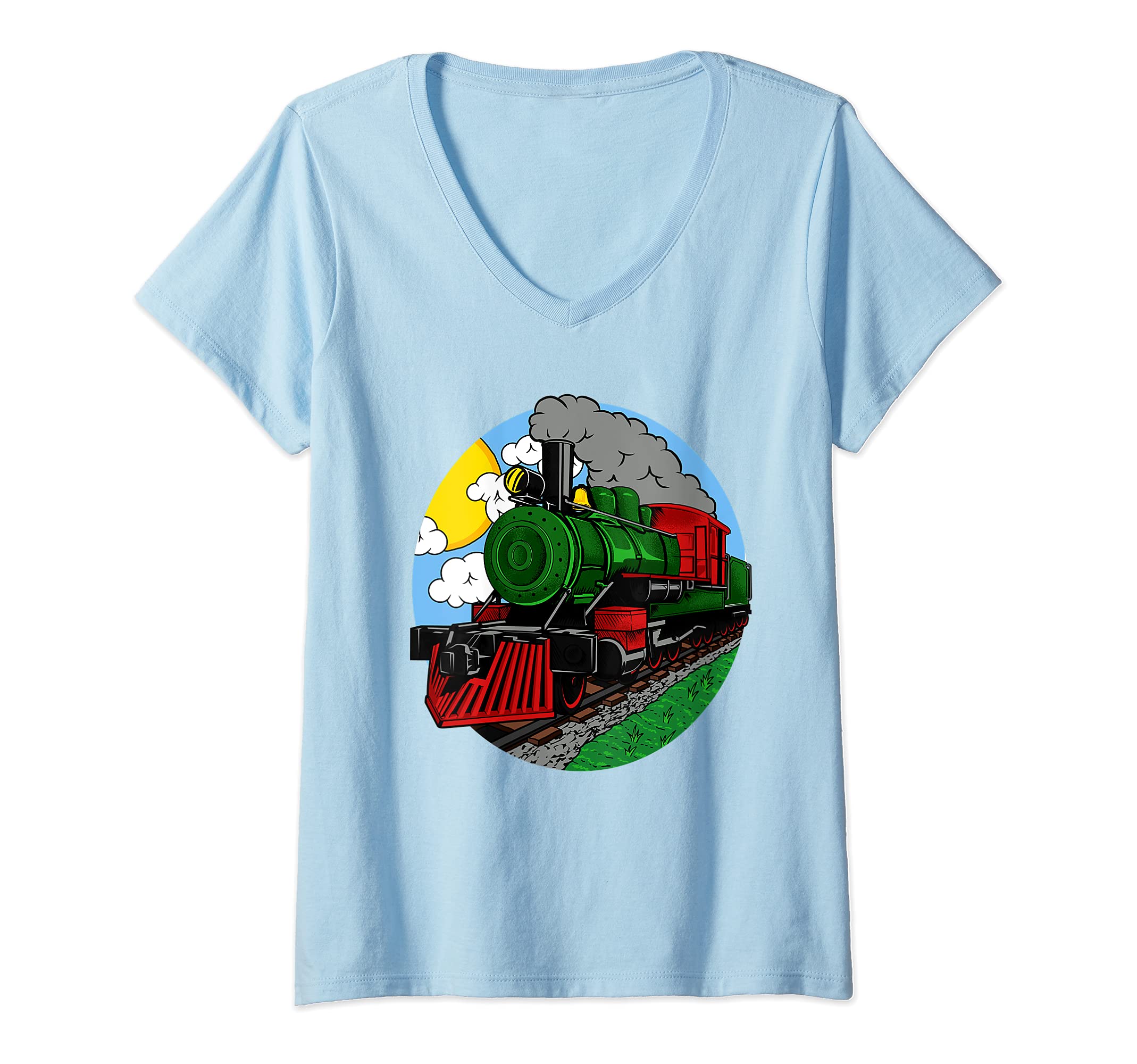 Womens Steam Locomotive Gift For Boys or Girls Railroad Train V-Neck T-Shirt