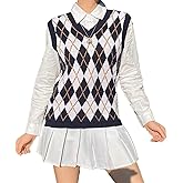 Hyipels Sweater Vest Women,Sleeveless V Neck Argyle Plaid Long Preppy Loose Knitted Casual School Sweaters Tank Top