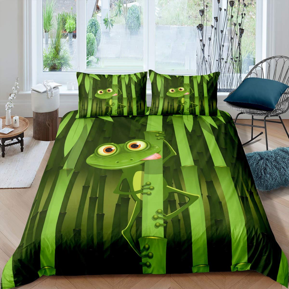 Frog Duvet Cover Cartoon Bamboo Frog Print Bedding Set for Kids Boys Girls Cute Animal Pattern Comforter Cover Nature Theme Bedspread Cover Bedroom Collection 3Pcs King Size — image 1