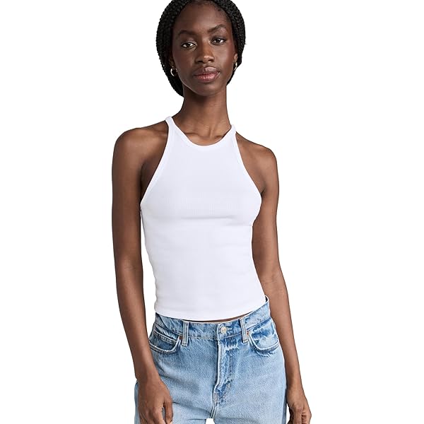 AMO Women's Crop Rib Tank, White, L at Amazon Women's Clothing store