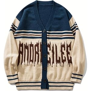 Men's Cardigan Sweaters Vintage Color Block Knit Button Up Casual Cardigan Sweater