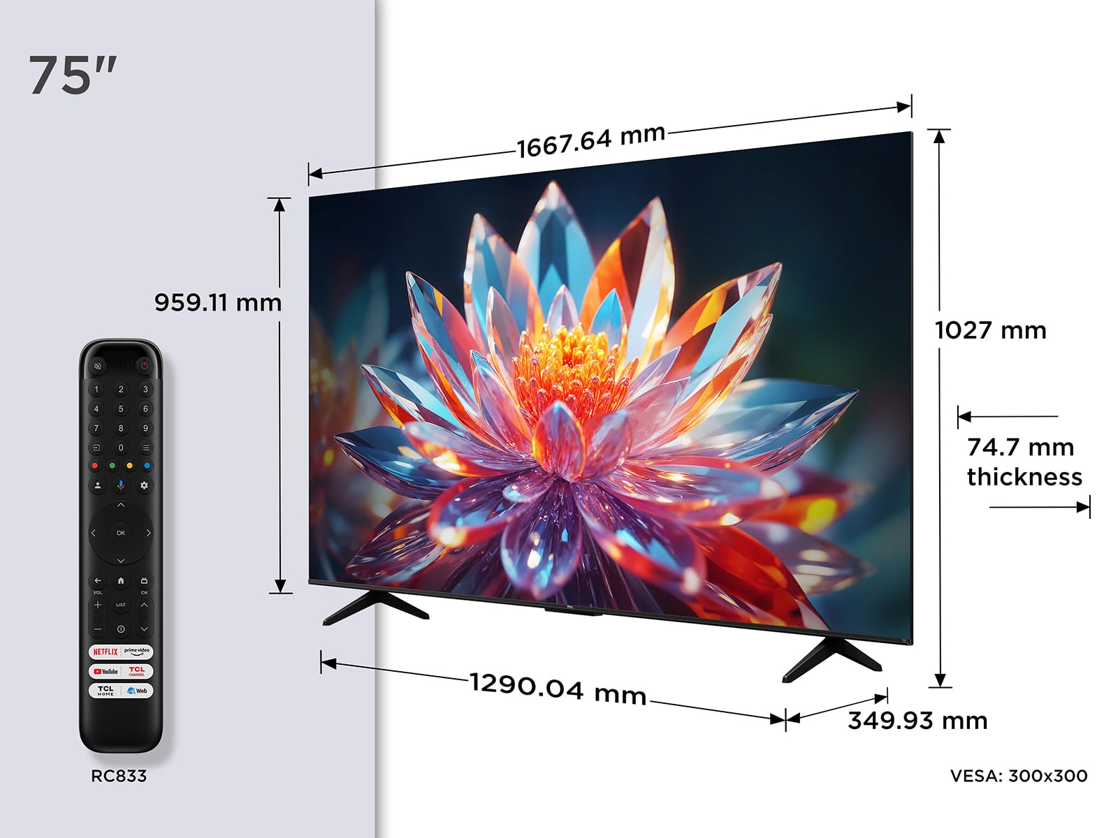TCL 75T6C 75 Zoll QLED Fernseher, 4K UHD Fire TV, HDR10+, Dolby Vision & Atmos, Smart TV mit Sprachsteuerung mit Alexa, Google Cast & AirPlay 2, HDMI 2.1 2
