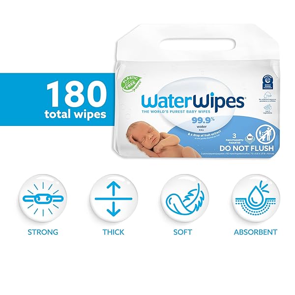WATERWIPES PLASTIC-FREE ORIGINAL BABY WIPES, 99.9% WATER BASED WIPES, UNSCENTED & HYPOALLERGENIC FOR SENSITIVE SKIN, 180 COUNT (3 PACKS), PACKAGING MAY VARY